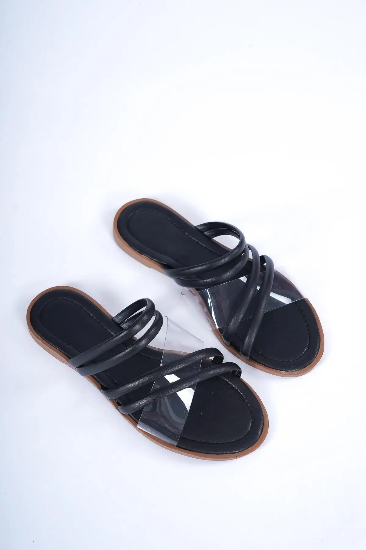 

Black transparent tape detailed band detailed flat slippers