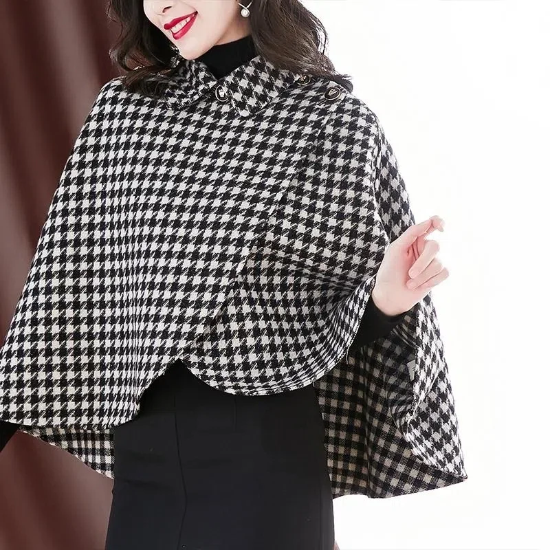 

Fashion Plaid Woolen Coat Shawl Women Cloak Coat Outerwear 2023 New Autumn Winter Houndstooth Loose Thin Jacket Tops Female