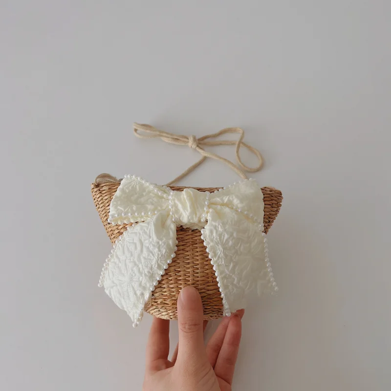 

Lace Bow Handbags for Children Straw Bag Summer Travel Tote Bags Korean Fashion Girls Shoulder Bags Princess Handbag Baby Gift