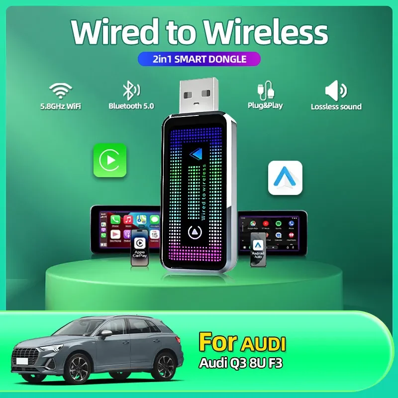 Фото 2025 модный беспроводной адаптер Carplay Android Auto 2 в 1 Smart Dongle 2025 5G WIFI для iphone Android Телефон для Audi Q3 8U F3 №1