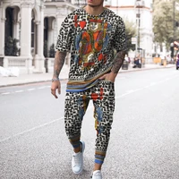 new fashion mens streetwear sports short sleeve t shirtpants 2 pcs sets men tracksuit jogging leopard print t shirt trousers