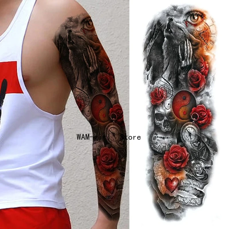 Фото Водостойкая татуировка на всю руку, временная татуировка на ногу, черная рыба, драго, мужские и женские рукава, большие поддельные искры №1