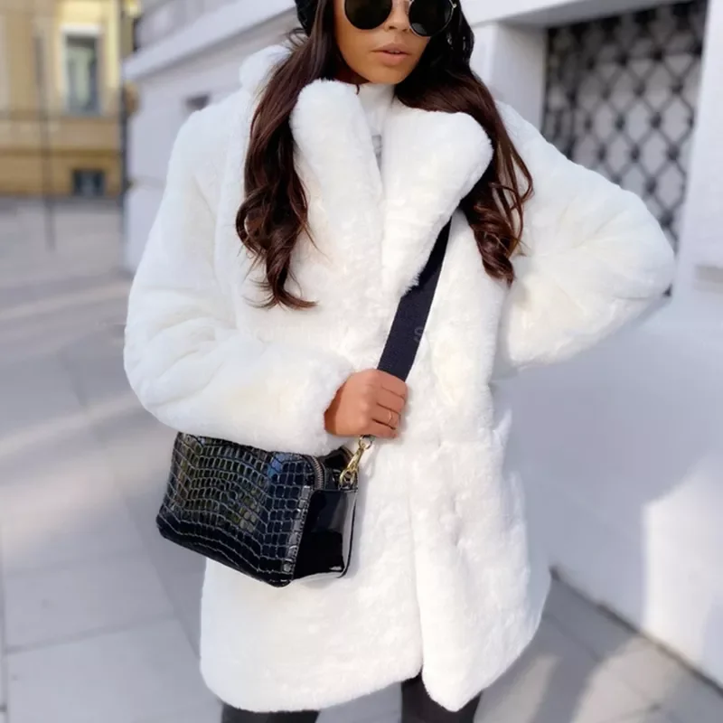 2022 New Women Winter Warm Faux Fur Coat Thick Women Middle -Long Overcoat Turn Down Collar Women Warm Female  Casaco Feminino