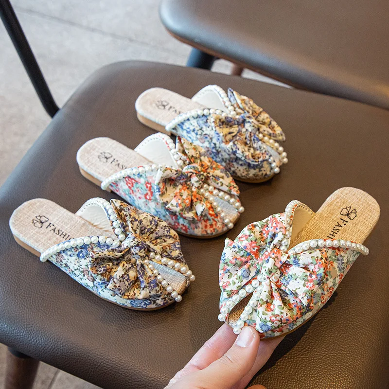 

Girls Bow Slippers Pearl Tendon Bottom Fish Mouth Princess Shoes Floral