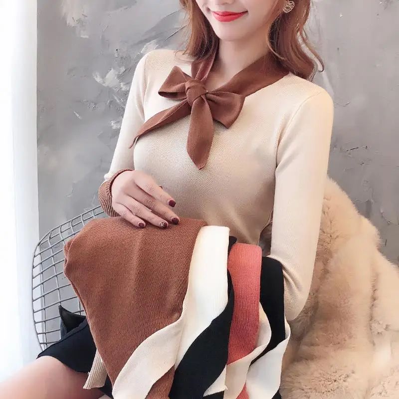 Женские свитера пуловеры Женский Топ с длинным рукавом и бантом сезон осень-зима