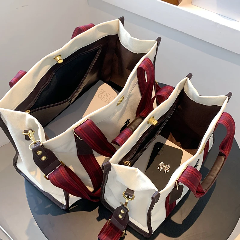 kangol Canvas Tote Handbag For Women Large Capacity Contrast Color Wide Strap Shoulder Bags 2023 Designer Big Shopper Tote Bag