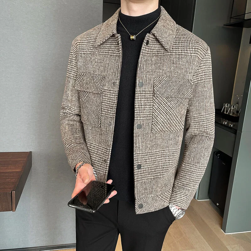 

2022 New Men's Brand Clothing Blazer Slim Fashion High Quality Plaid Casual Jacket Men's Wool Short Slim Fit Blazer