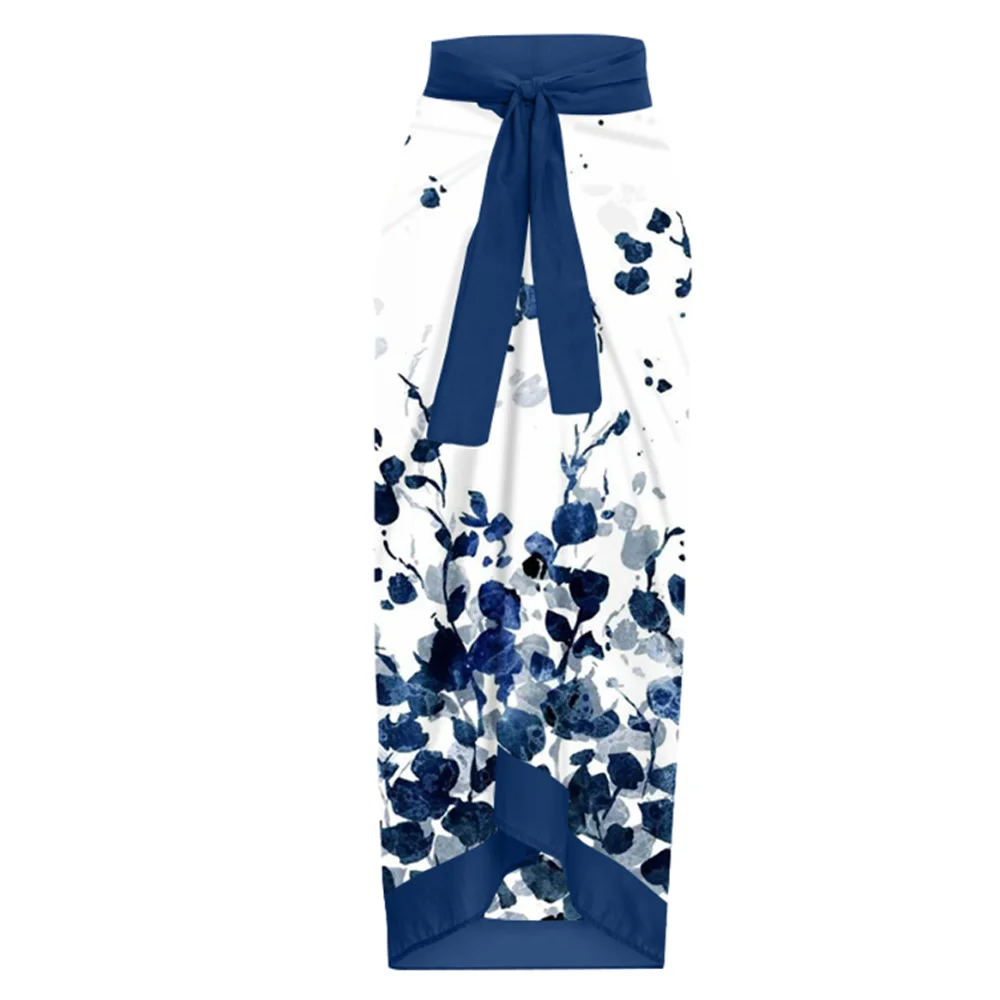 Blue Bow Strap Gradient Flower Print Bikini Square Neck Retro Sexy One-Piece Swimsuit Women's Fashion Backless Beachwear