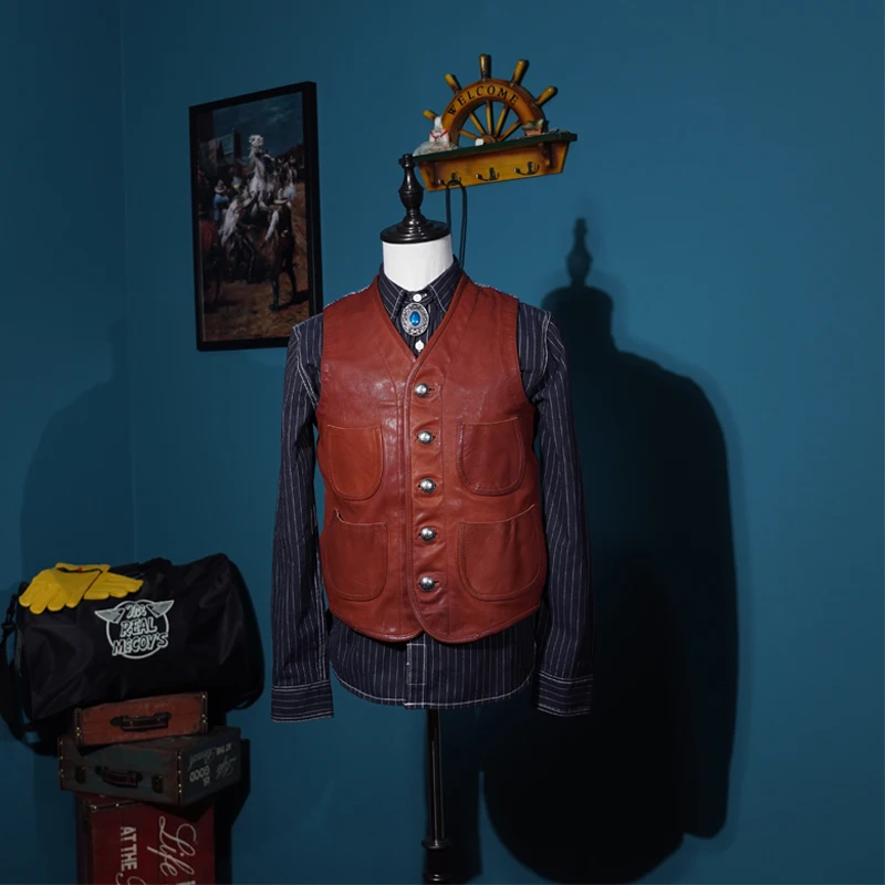 

Men's Vest sheepskin Genuine Leather Western Denim Suit Lamb Leather Vest Steampunk Style Waistcoat Male Party Motorcycle Jacket
