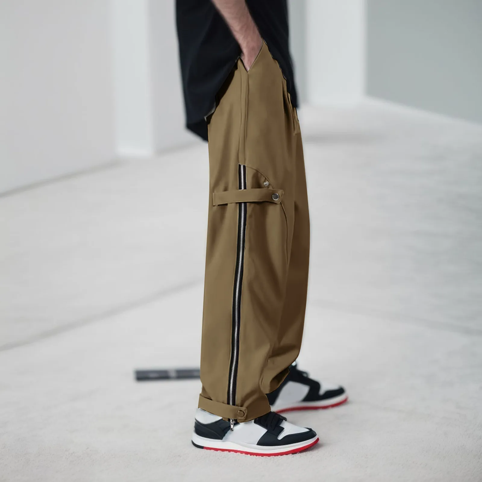 

Casual Sports Pants Men'S With 2 Side Zipper Buckle Design Pants With Pockets Korea Style Fashion Male Drawstring Streetwear