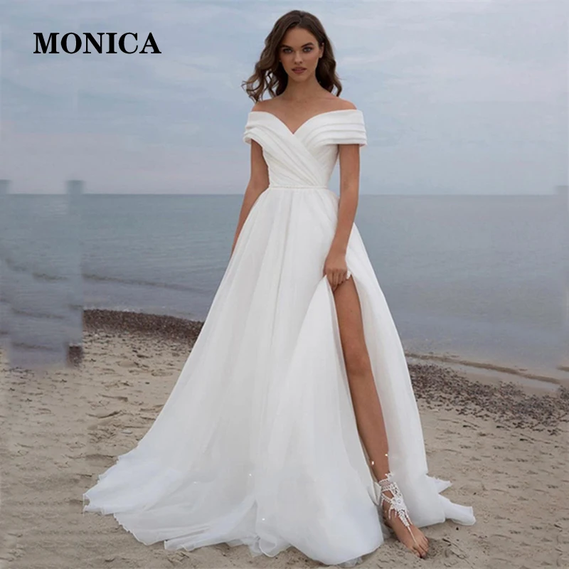 

Simple Split 2022 Off Shoulder A-Line Pleated Pearl Organza White Court Train Wedding Dress