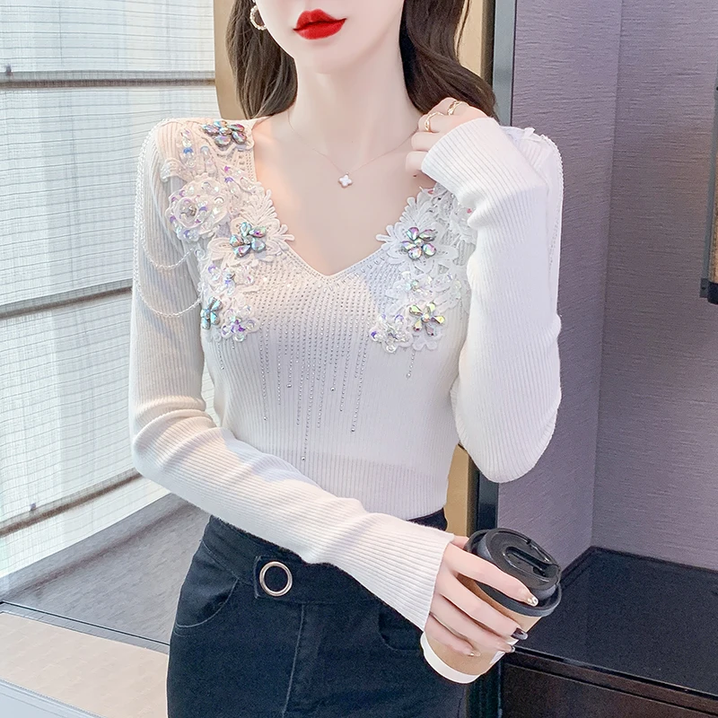 Exquisite Rhinestone Bottoming Sweater Odzież damska Jesień Zima Nowy Slim Fit Wyszczuplający dekolt w szpic Bielizna z długim rękawem Top