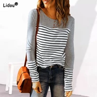 t shirts o neck long sleeve spring autumn striped button casual korean all match trend popularity comfortable womens clothing