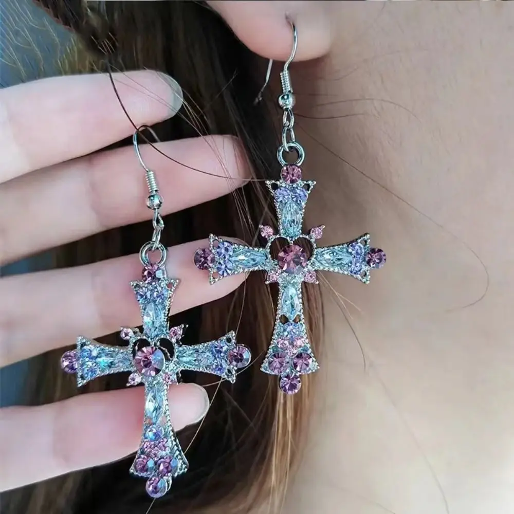 

Gothic Pink Heart Cross Earrings Y2K Kpop Purple Zircon Cross Drop Earring for Women Jewelry Accessories