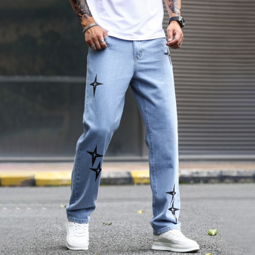 Print Star Pants Streetwear Baggy Men Jeans Korean Fashion Loose Straight Male High Street Hip Hop Japan Style Male Trousers