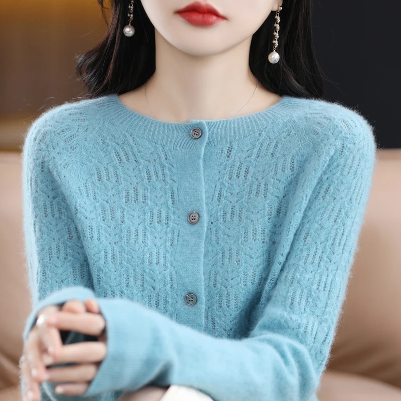 

Autumn and winter new ladies round neck solid color hollow 100% Merino wool sweater loose long sleeve knit cardigan