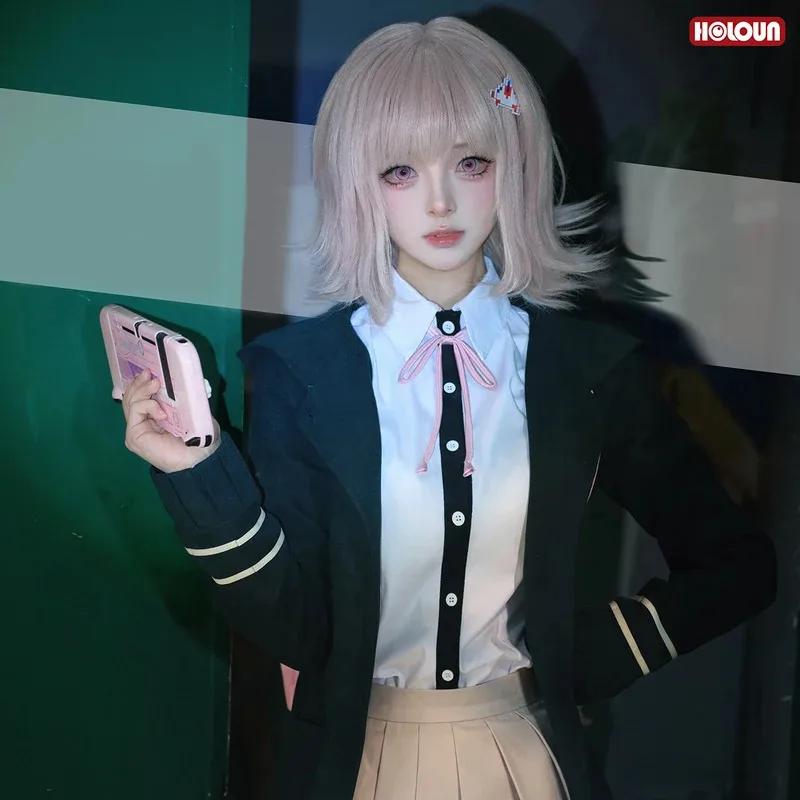 Фото Danganronpa Game Trigger Happy Havoc Nanami ChiaKi Косплей Костюм Пальто Рубашка Юбка Заколка для волос Школьная форма Cosx; 8's, 6; №1