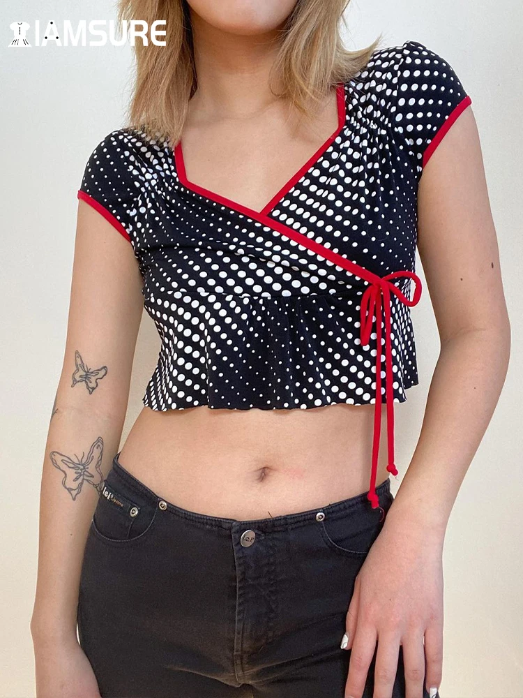 

IAMSURE Chinese Style Do Printed T Shirt Women Vintage Bow V-Neck Short Sleeve Tees 2022 Summer Crop Tops Casual Ladies Fashion