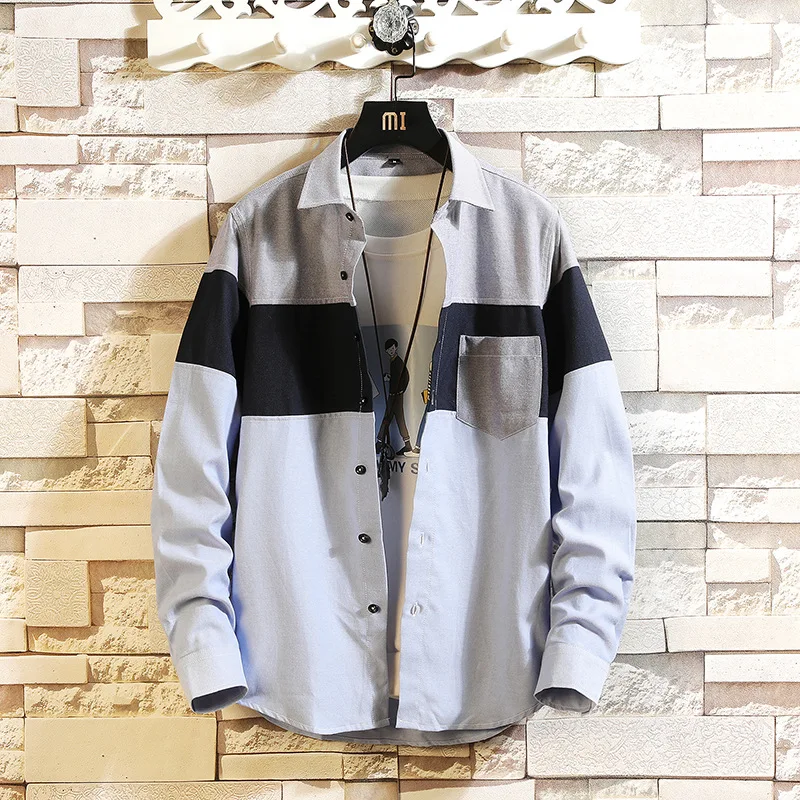

2022 New Spring and Summer Men's Slim Shirt Simple Stitching Fashion Shirt Men's Casual Oxford Long-sleeved Shirt Men Fashion