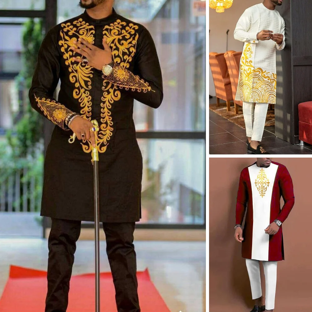 

Men's Traditional ceremonial dress Casual Unique Print African Ethnic Style Dashiki Long sleeved Top Pants Social Two Piece Set