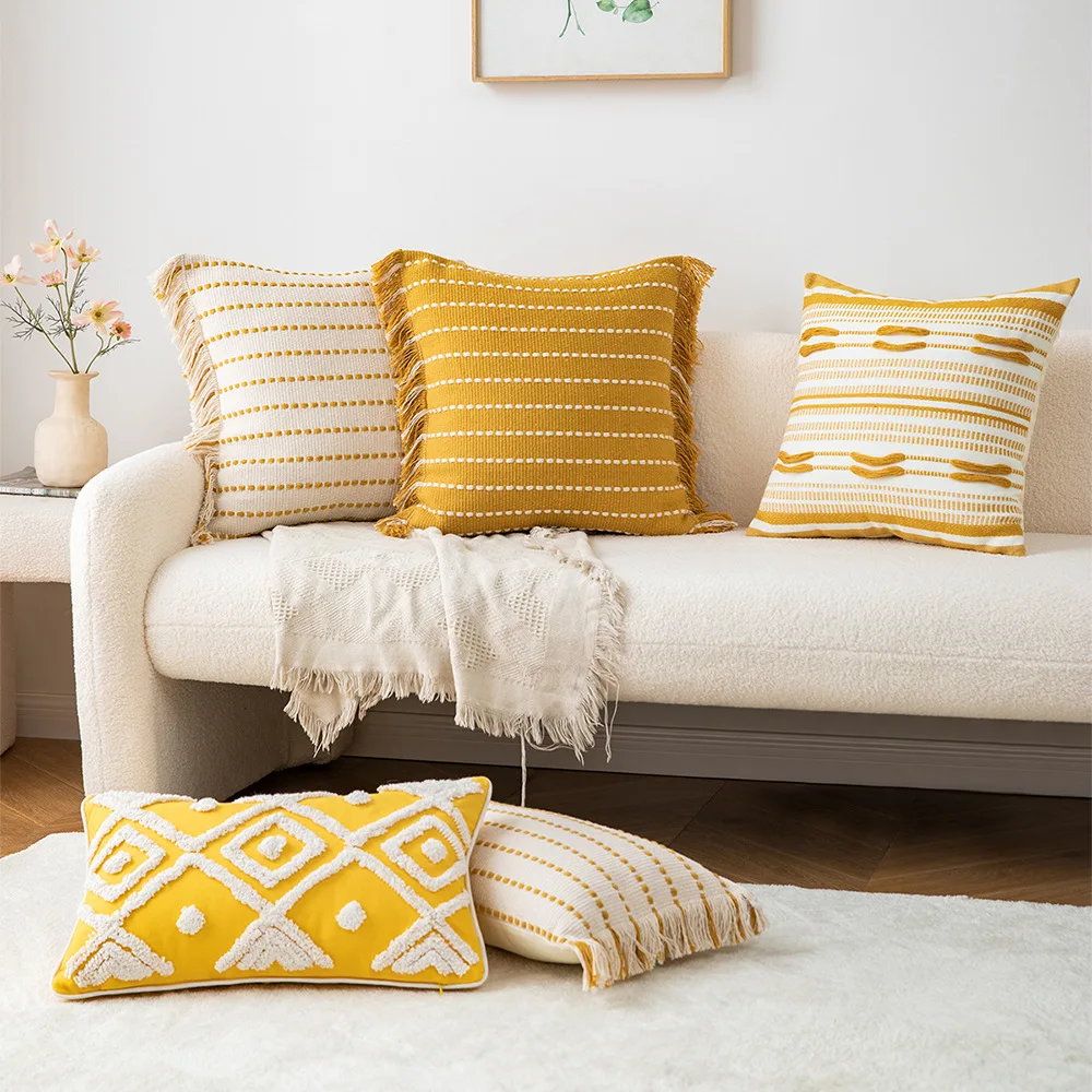 

Decorative Geometric Tassels Decorative Home Cover Cushion Yellow For Sofa Crochet Pillow Tufted Striped Nordic Cushions Cover