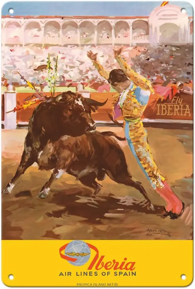 fc slnd rt Mtdor Bull Fghtng - бер r Lnes of Spn Vntge Trvel Плакат от ntono Csero c.1962-8 x 12 nch Metl Tn Sgn