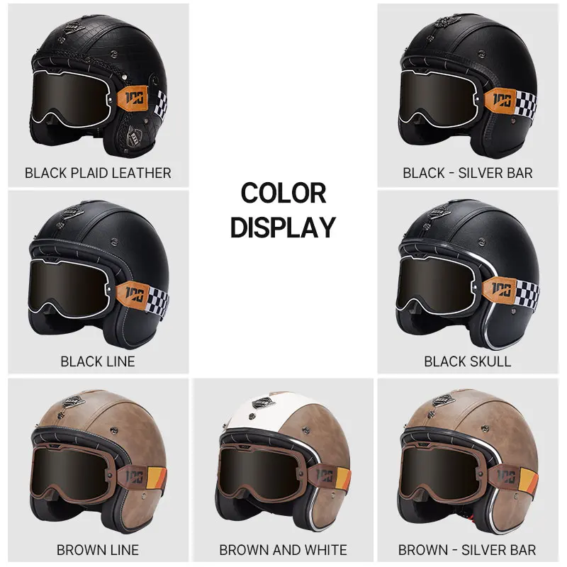 Мотоциклетный шлем из ПУ кожи с открытым лицом в винтажном стиле матовой черной