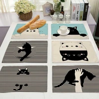 4232 linen bkack cute cat pattern pad dining table mats picnic coaster bowl cup mat kitchen placemat home decor