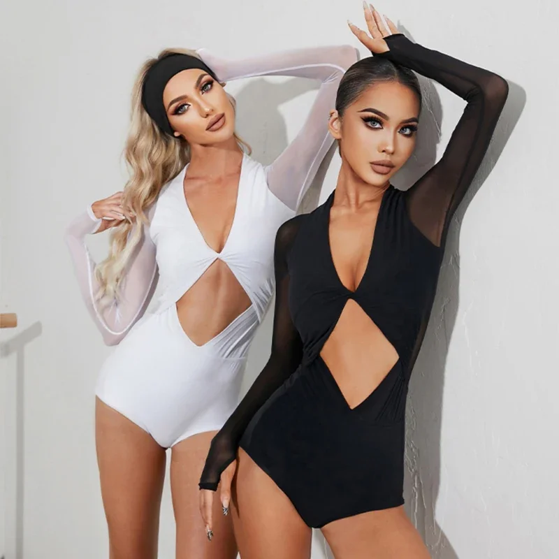 Женская тренировочная одежда с длинными рукавами сетчатые топы v-образным