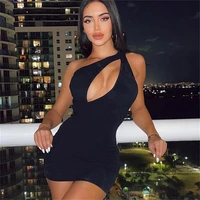 2022 summer new women low cut hollow out mini dress sexy one shoulder sleeveless solid color bodycon dress nightclub