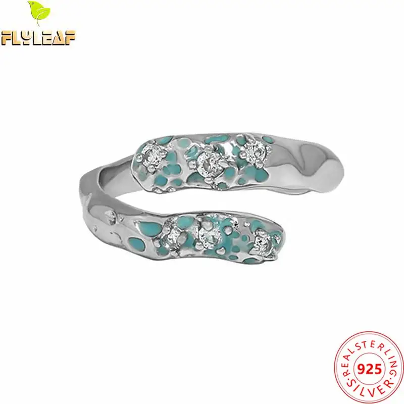 

Real 925 Sterling Silver Jewelry Green Enamel Irregular Open Rings For Women Platinum Plating Original Design Luxury Accessories