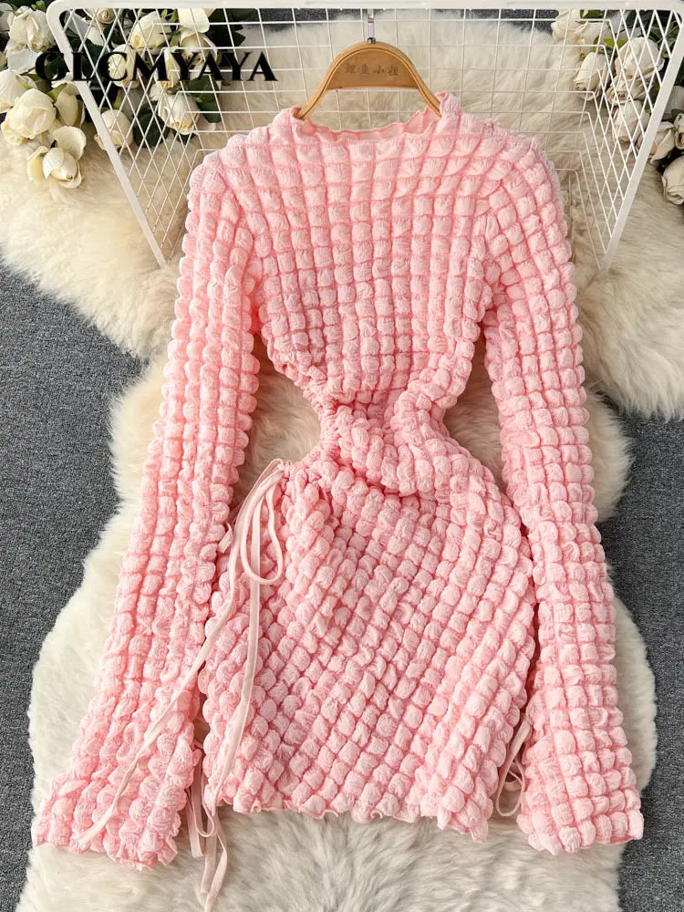 

GLCMYAYA Seersucker Women Drawstring Cutout Waist Long Sleeve O-neck Bodycon Midi Stretch Dress Fashion Solid Female INS Dresses