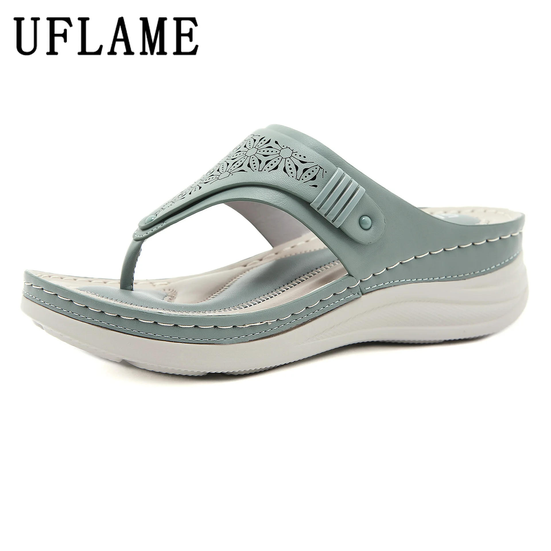 

Large Size Ethnic Women Sandals Solid Color Flower Hollow Wedge Sandals Summer Leather Roman Shoes 5.5cm Platform Beach Shoes