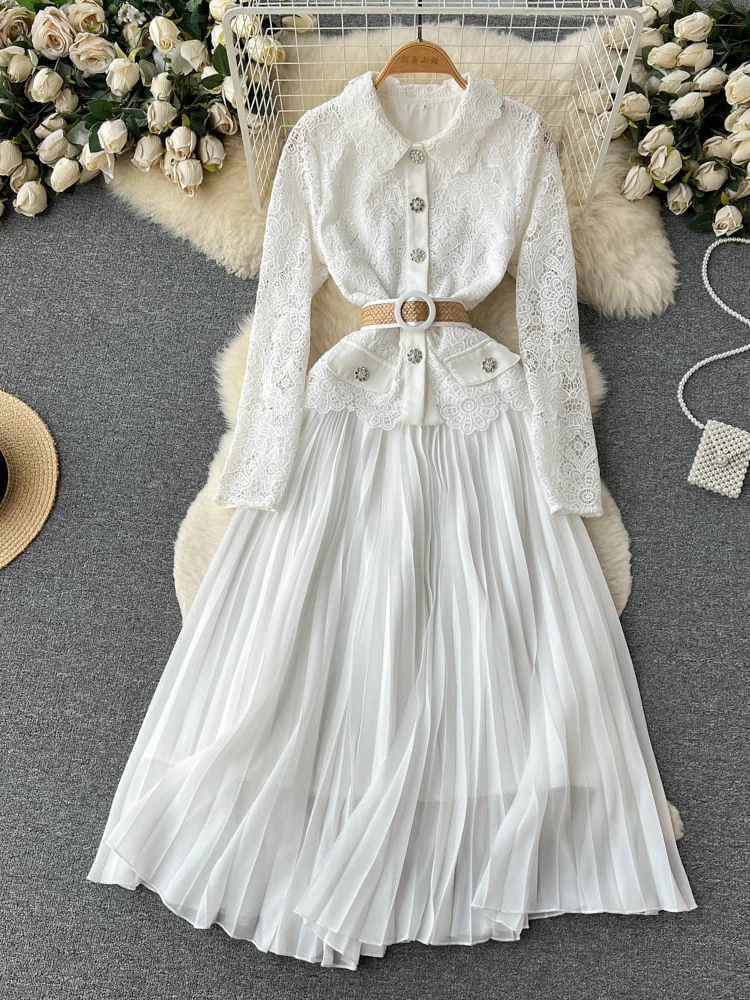

FMFSSOM New Casual Spring Autumn Solid Slim Full Lady Dress A Line Turndown Collar Chiffon Pullover Mid-Calf Women Dresses
