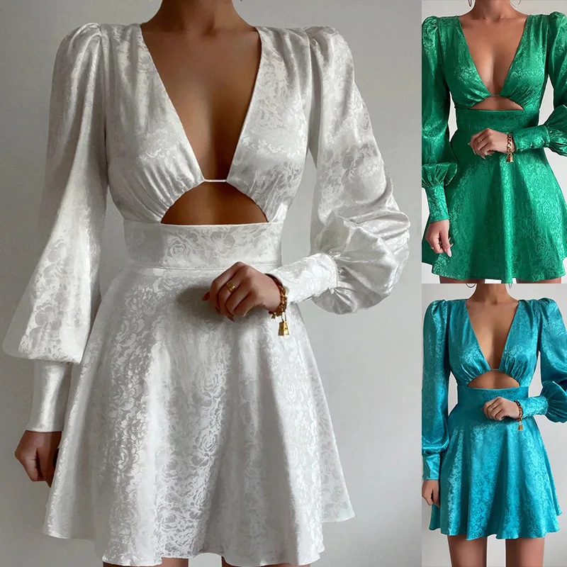 

2023 Women's temperament commuting fashion printing lantern sleeve short dress