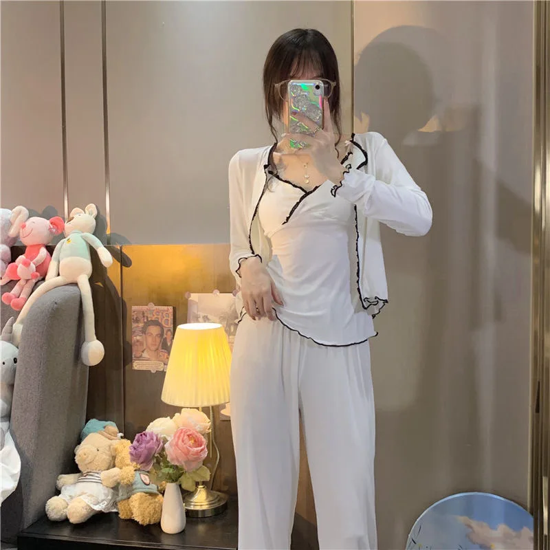 Sexy Lace Spring Pajama 3 Piece Sets Women Plus Size M-3XL Chic Elegant Tender Patchwork Long Sleeve Pockets Sleepwear Soft