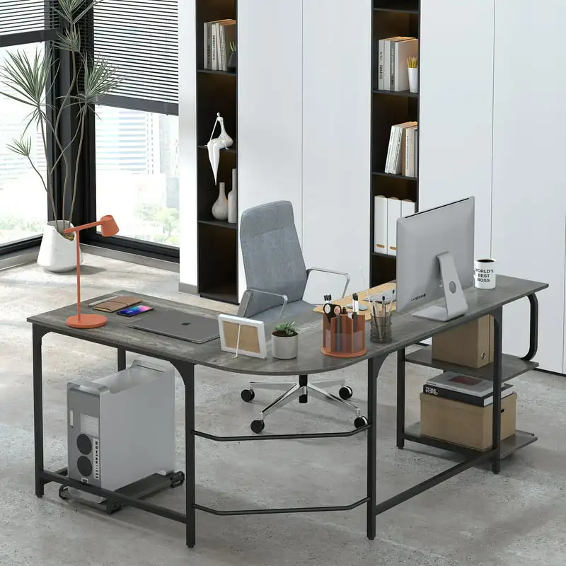 

Panel L-Shaped Wood Computer Desk PC Steel Corner Table Workstation with S-Shaped Bookshelves Home Office