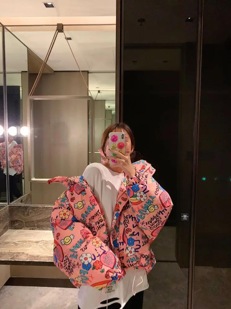 New Hooded Down Jacket Women's Skinny Graffiti Print Thickened Cotton Jacket White Duck Down Short Section Bread Clothes Jacket