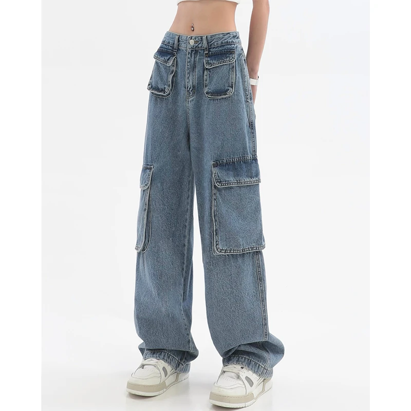 

Синие винтажные женские джинсы с высокой талией, прямые мешковатые брюки-карго, уличная одежда, модные широкие джинсовые брюки с карманами ...