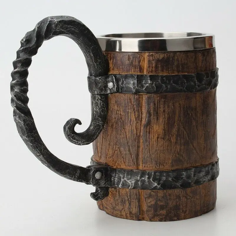 18 oz Mug Stainless Steel Resin Coffee Beer Mug Retro 500ML Wooden Barrel Drink Cup Handle Mug Wine Cups Best Gifts Creative