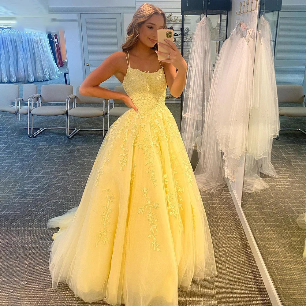 

New Fashion 2022 Spaghetti Straps Lace Applique Formal Gown Yellow Party Evening Dresses vestidos de gala