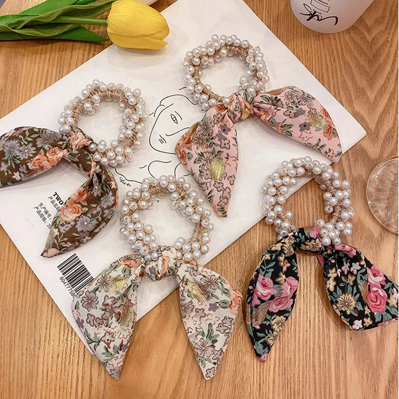 

2022 New Women Pearl Bowknot Silk Hair Scrunchies Ponytail Holder Hair Ties Hair Rope Rubber Bands Headwear Hair Accessories