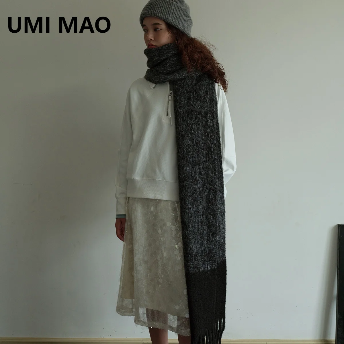 UMI MAO 40% Шерстяной шарф из смеси корейского дизайнера черный серый цветной для