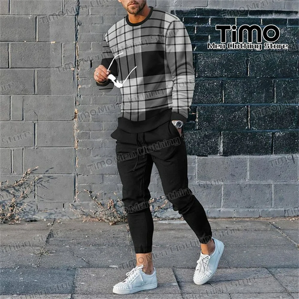 2023 New Long Sleeve Set Men Tracksuit Fashion Printed T-shirt Pants Suit High Quality Men's Running Sportswear 2 Piece Set