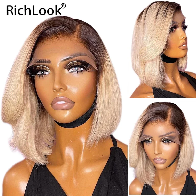 

Short Bob Straight Cut Honey Blonde Grey Ombre Color 13X4 Lace Front Human Hair 4X4 Closure Frontal Wigs For Women Prepluck Remy