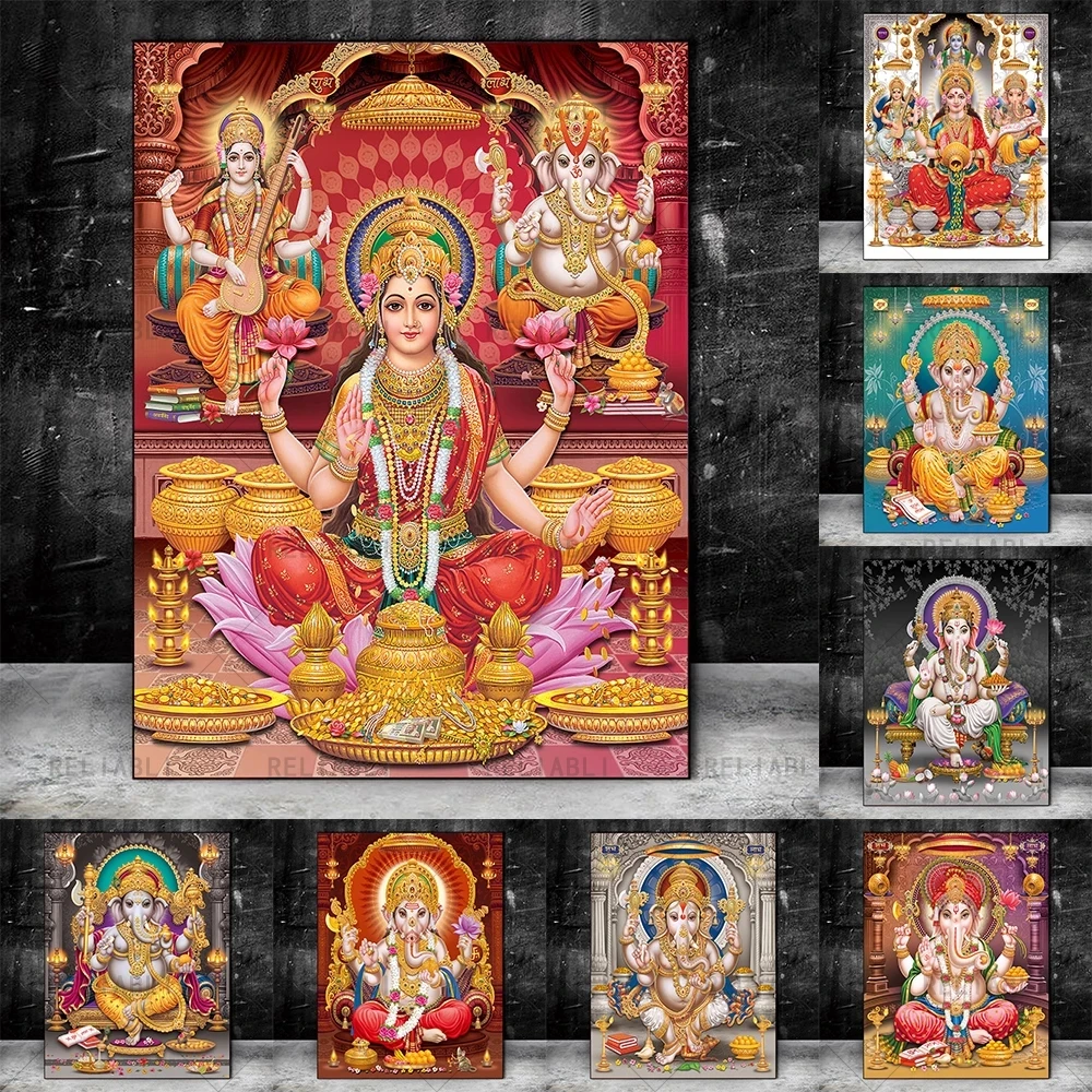 

India Hindu Gold Ganesha Temple Elephant God Painting on Canvas Posters Prints Religion Art Wall Art Living Room Decor Cuadros