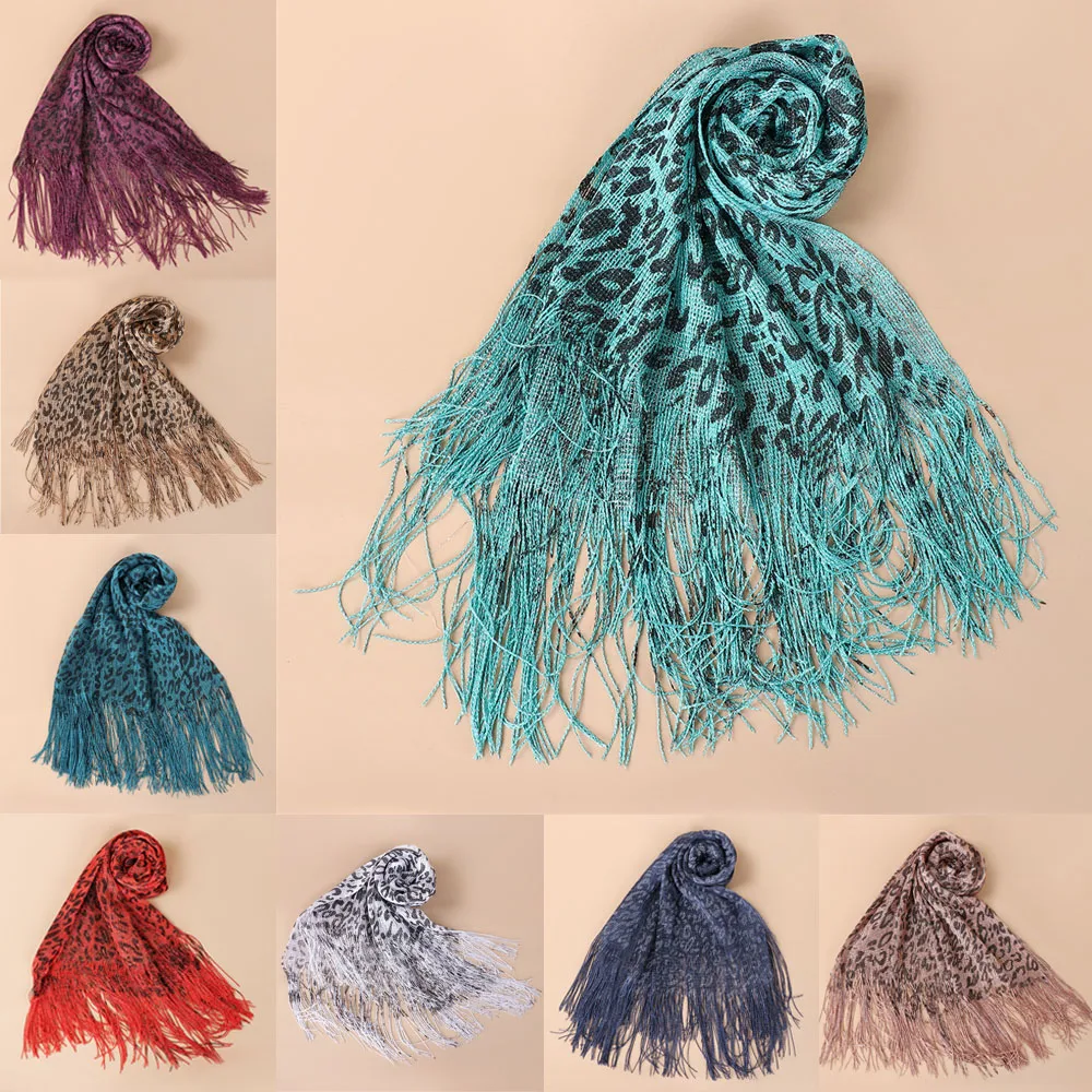

200*45cm Large Scarf Women Fashion Leopard Print Headscarf Tassel Fringe Glitter Shawl Wrap Turban Muslim Hijab Bufanda Foulard