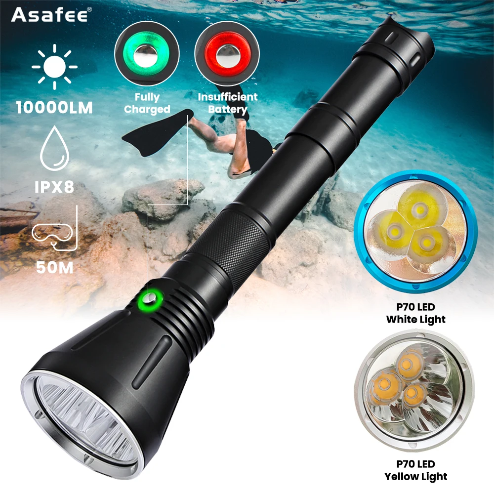 Asafee DA18Y P70 10000LM Профессиональный фонарик для дайвинга 50 м Подводный фонарь