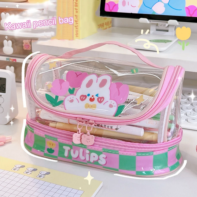 

Kawaii Bear Pencil Case Organizer For Girls Cute Korean Large School Student Pencil Pouch Waterproof Stationery Storage Bags