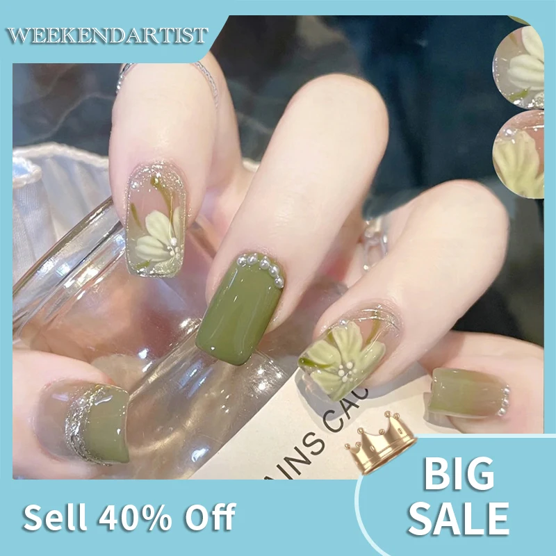 

24 шт. носимые накладные ногти зеленые градиентные Блестящие бабочки Стразы полное покрытие акриловые накладные ногти с отсоединяемым клее...